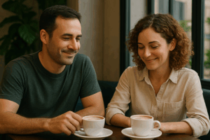 Homem e mulher tomando café em mesa de cafeteria, sorrindo de forma discreta, com a mulher olhando timidamente para baixo, ambiente acolhedor com luz natural.