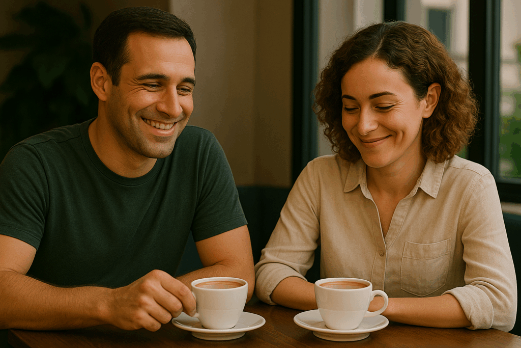 Homem e mulher tomando café em mesa de cafeteria, sorrindo de forma discreta, com a mulher olhando timidamente para baixo, ambiente acolhedor com luz natural.