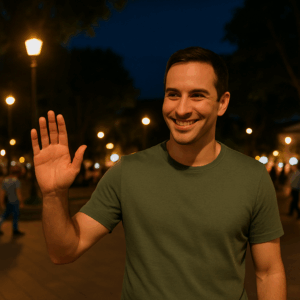 Homem sorridente acenando em praça movimentada à noite, com iluminação urbana e pessoas ao fundo, ambiente acolhedor em cidade pequena do Brasil.
