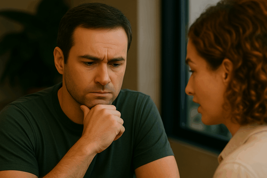 Homem atento com mão no queixo escutando mulher que fala com ele, cena de conversa séria em ambiente acolhedor com luz natural.