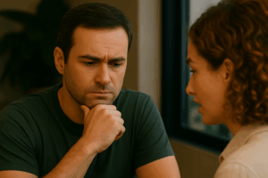 Homem atento com mão no queixo escutando mulher que fala com ele, cena de conversa séria em ambiente acolhedor com luz natural.