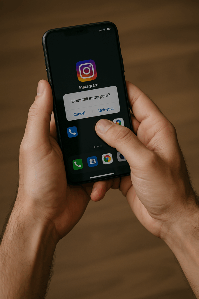 Mão masculina desinstalando o aplicativo do Instagram em um smartphone, simbolizando o início do contato zero no processo de como reconquistar a ex