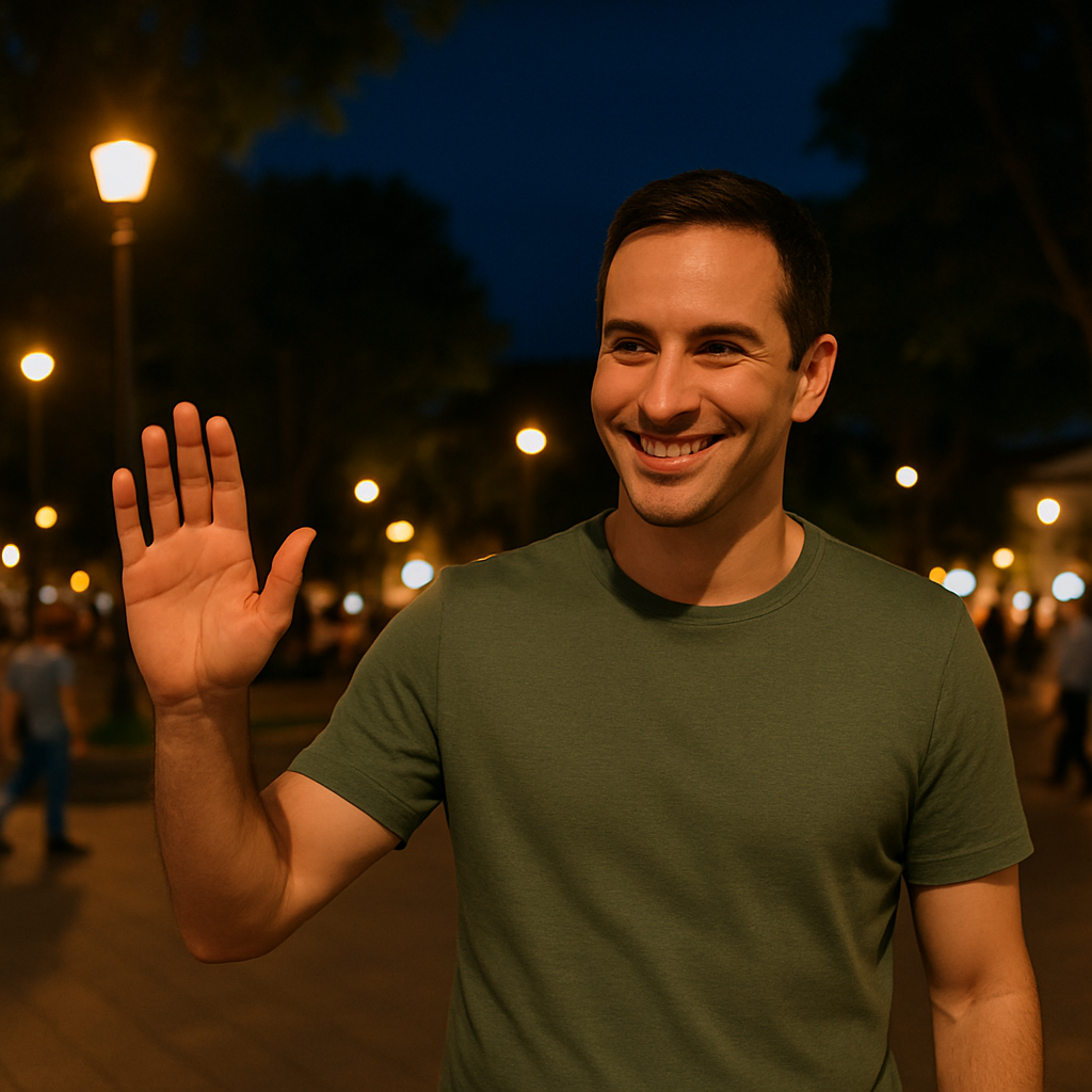 Homem sorridente acenando em praça movimentada à noite, com iluminação urbana e pessoas ao fundo, ambiente acolhedor em cidade pequena do Brasil.