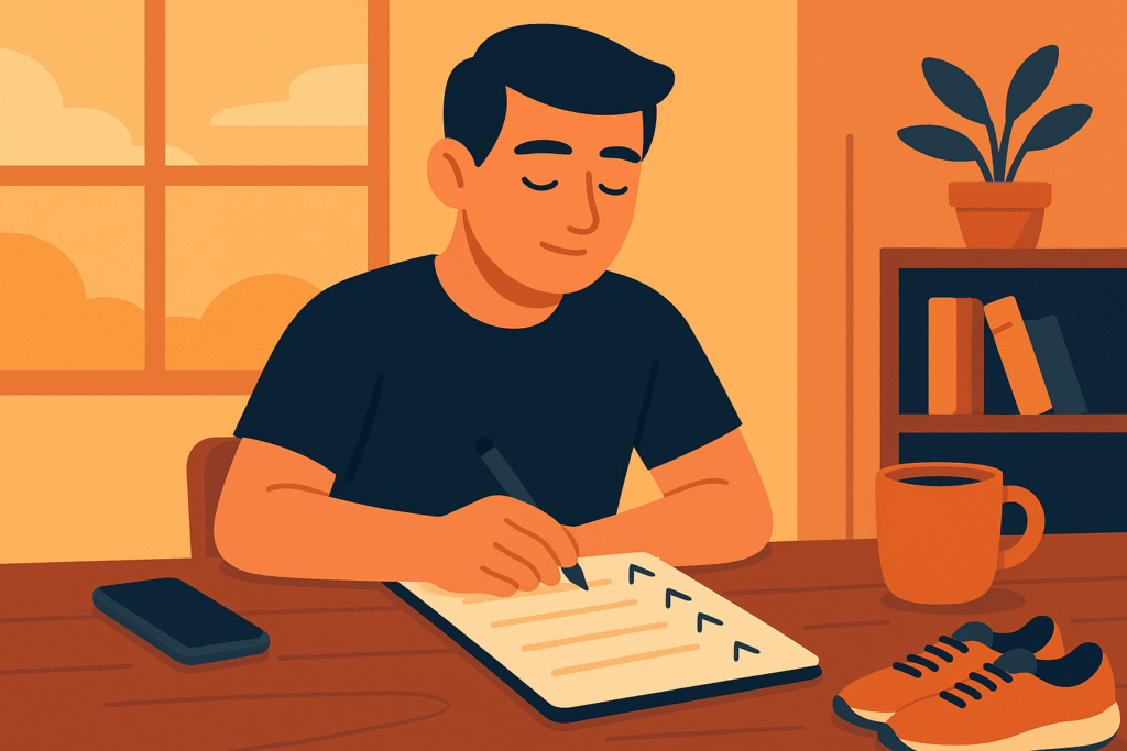 Ilustração vetorial minimalista de um homem escrevendo em um planner sobre a mesa, com checkmarks visíveis. Ao redor, há um celular virado para baixo, uma caneca de café e um par de tênis. A luz do sol entra pela janela, simbolizando foco, disciplina e reestruturação pessoal.