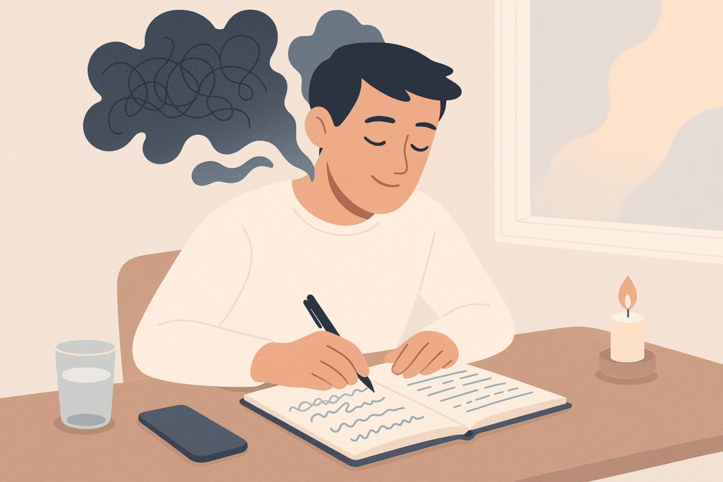 Ilustração vetorial emocional de um homem escrevendo em um diário enquanto formas escuras saem de sua cabeça e se transformam em palavras no papel. O ambiente tem tons neutros e calmos, com uma vela acesa, copo d’água e luz suave entrando pela janela — simbolizando alívio emocional e organização dos pensamentos.