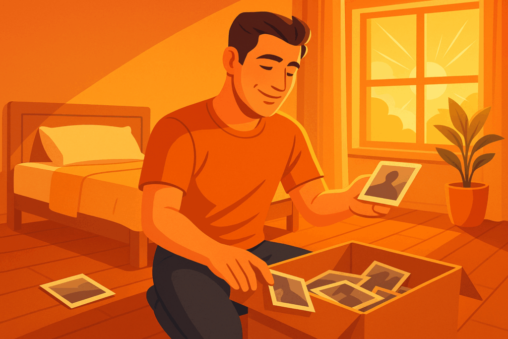Homem limpando o quarto, organizando objetos em uma caixa e renovando o ambiente, representando o processo de recuperação emocional e criação de um novo espaço interno.