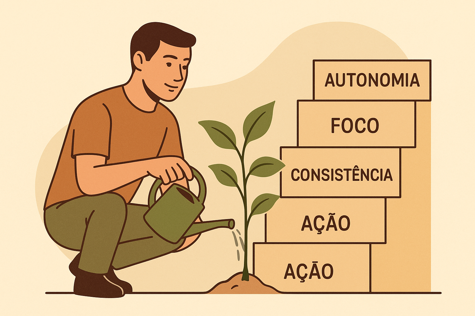 Homem regando uma planta ao lado de uma escada simbólica com degraus escritos “ação”, “consistência”, “foco” e “autonomia”, representando evolução emocional sólida