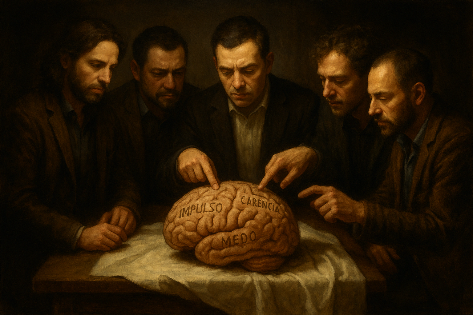 Grupo de homens observando com seriedade um cérebro humano aberto sobre uma mesa, em uma sala escura com iluminação dramática. Palavras como “impulso”, “carência” e “medo” estão escritas no cérebro, simbolizando o estudo profundo do autoconhecimento masculino