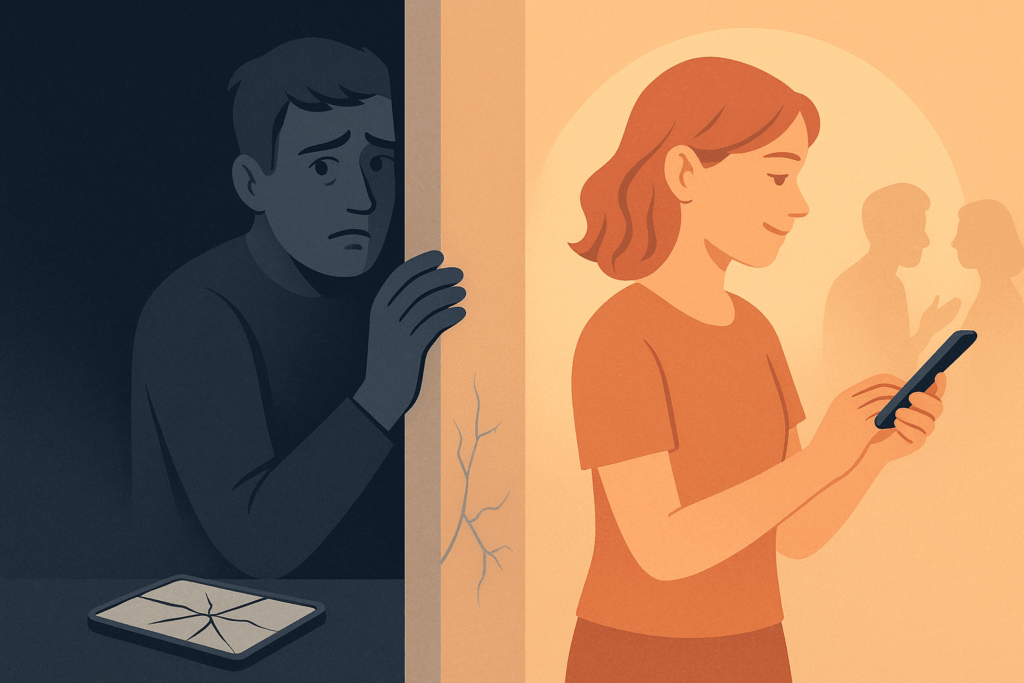 Homem escondido parcialmente atrás de uma parede, observando discretamente a ex que segue sua vida. Cena simboliza como o stalking enfraquece a imagem e transmite insegurança, mesmo que o homem ache que está no controle.