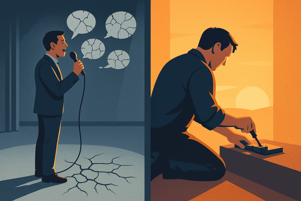 Ilustração dividida em duas metades: à esquerda, homem fala com entusiasmo em um palco vazio, mas seus balões de fala estão rachados e sua sombra está quebrada; à direita, o mesmo homem age em silêncio, consertando algo sob uma luz quente de pôr do sol, representando o contraste entre falar bonito e agir com propósito.