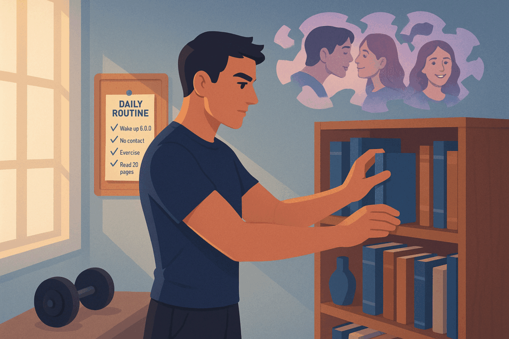Homem focado em uma tarefa física ou intelectual, com fragmentos de pensamentos sobre a ex se dissolvendo ao fundo, representando o redirecionamento da mente pela ação.