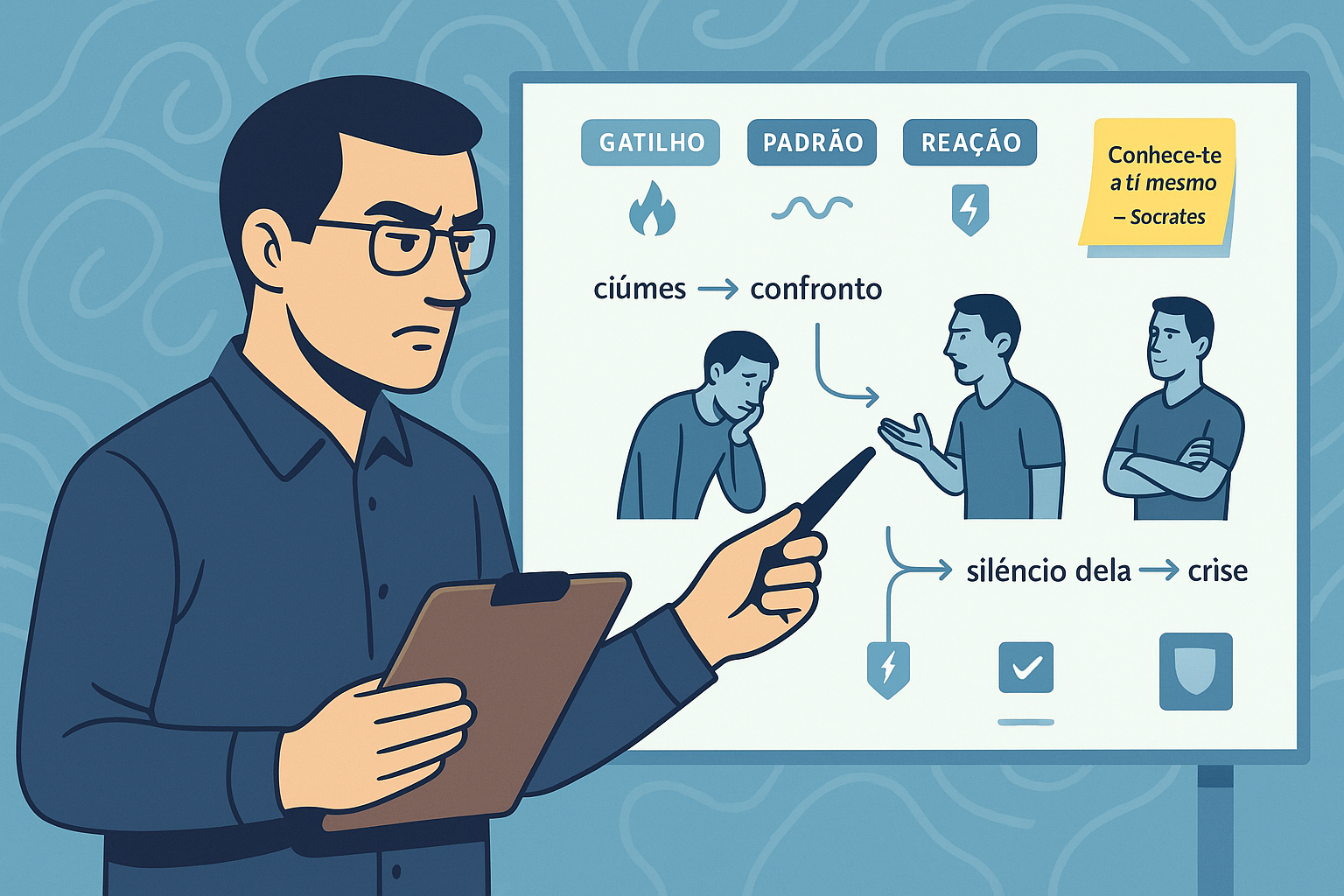 Homem analisando versões anteriores de si mesmo em um painel mental, identificando padrões e reações emocionais como um cientista do próprio comportamento.