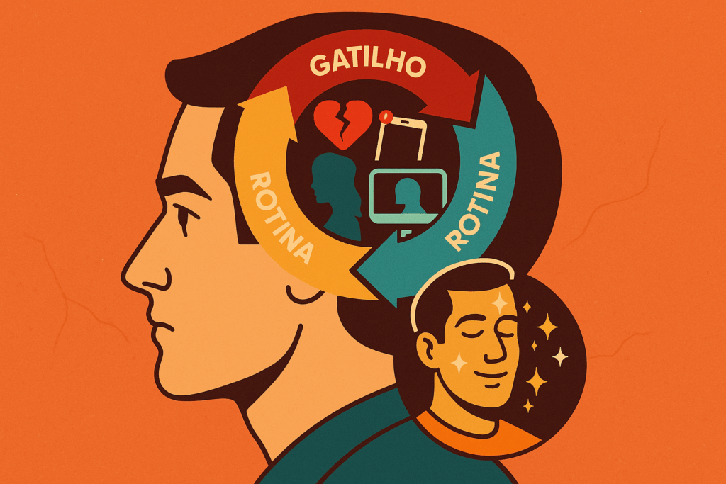 Ilustração do cérebro masculino com um ciclo interno mostrando gatilho, rotina e recompensa emocional ligado ao pensamento obsessivo sobre a ex.