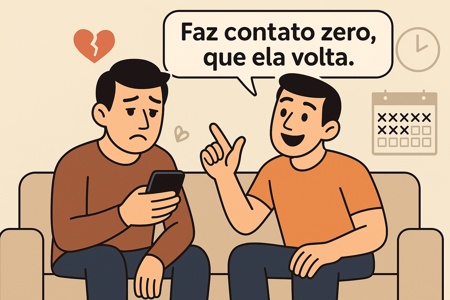 Homem triste ouvindo de um amigo o conselho “faz contato zero, que ela volta”, em cena minimalista que representa o início da dúvida sobre essa estratégia de reconquista.
