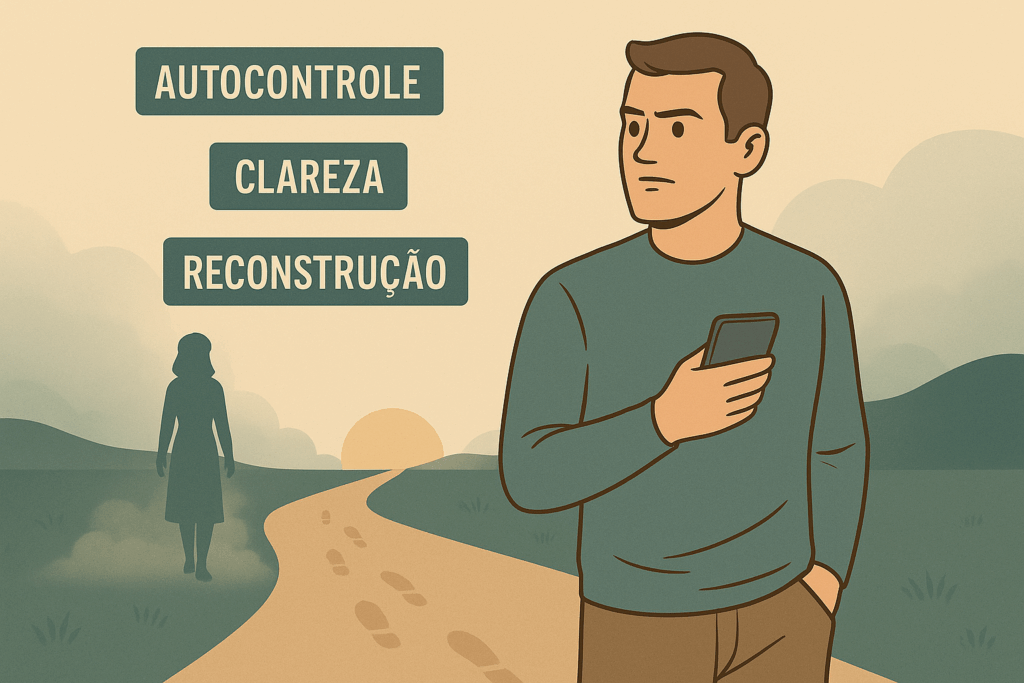 Homem caminhando com firmeza deixando o passado para trás, representando o contato zero como um ato de autocontrole e não de orgulho ou fuga emocional.