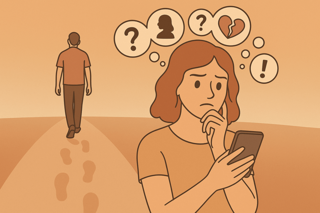 Mulher olhando o celular com dúvida enquanto homem caminha em silêncio ao fundo, representando o efeito emocional causado pelo contato zero.