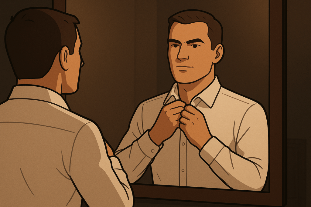 Homem em pé diante do espelho, ajustando a gola da camisa com olhar firme e confiante. No reflexo, ele aparece com postura decidida e ambiente sóbrio, transmitindo maturidade e liderança emocional.