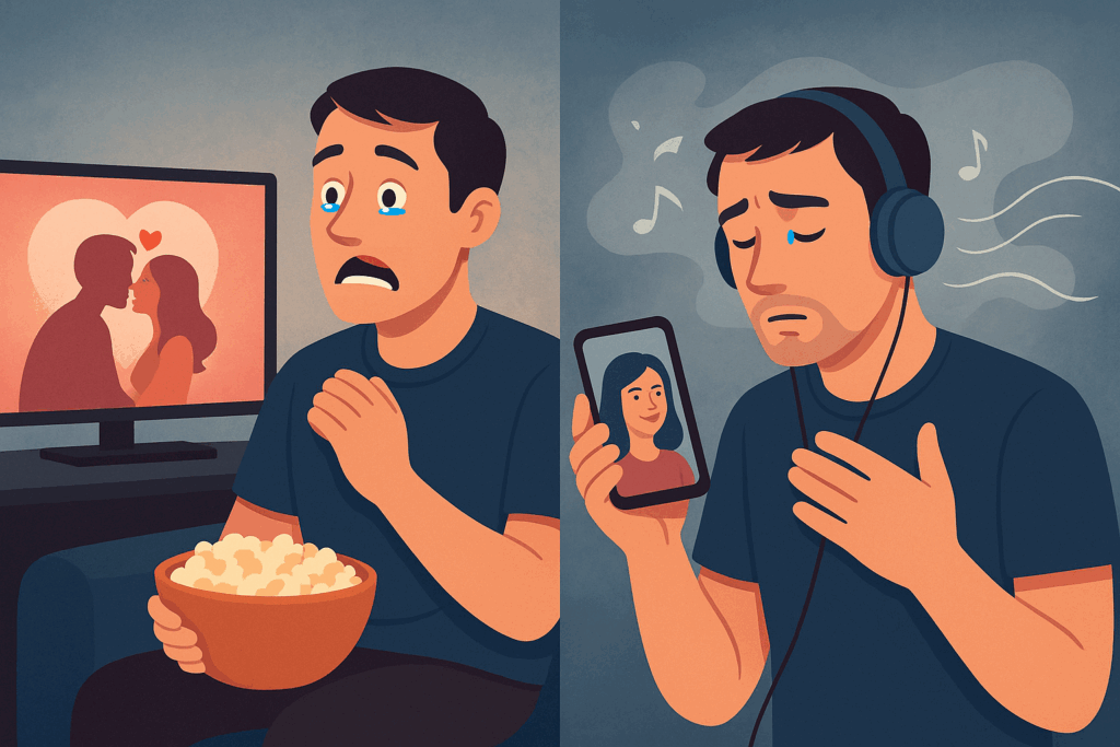 Homem consumindo filmes e músicas românticas, simbolizando como conteúdos sentimentais alimentam o apego à ex.