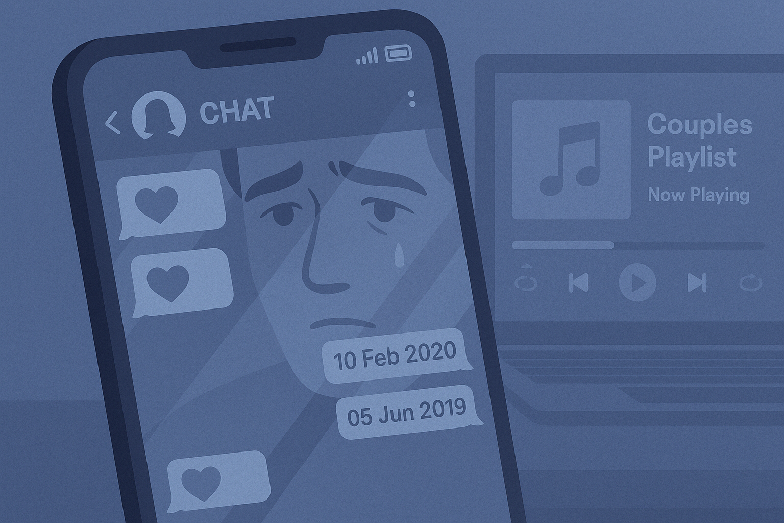 Close de um celular exibindo conversa antiga com a ex, enquanto o reflexo do homem mostra olhos marejados — representando como estímulos visuais reativam memórias emocionais.