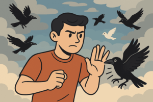 homem afugentando pensamento ruim e negativo com a finalidade de ter mais saúde mental e emocional para se tornar alguém de valor e reconquistar a admiração própria e por consequência da ex.