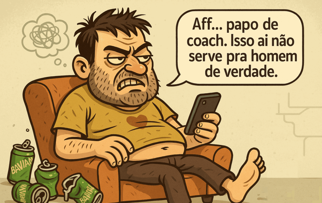 Homem desleixado e mal-humorado lendo algo sobre autoconhecimento com desprezo, representando o arquétipo de quem rejeita mudanças por orgulho ou ignorância.