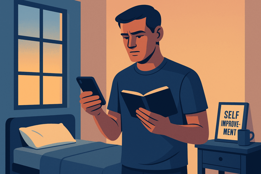 Homem em pé ao lado da cama ao amanhecer, segurando um celular virado para baixo em uma mão e um caderno de anotações na outra. Sua expressão é focada e determinada, simbolizando a interrupção consciente do ciclo de obsessão após o término.