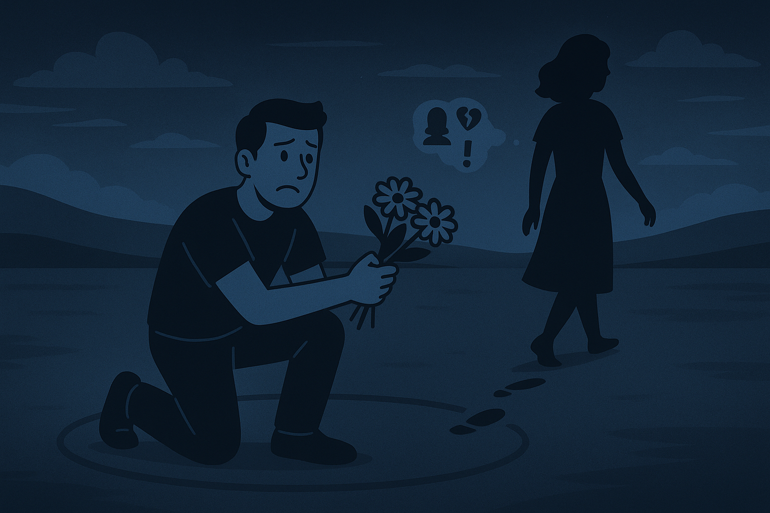 Homem insistindo com flores enquanto a mulher se afasta, simbolizando o reforço negativo da insistência emocional após o término.