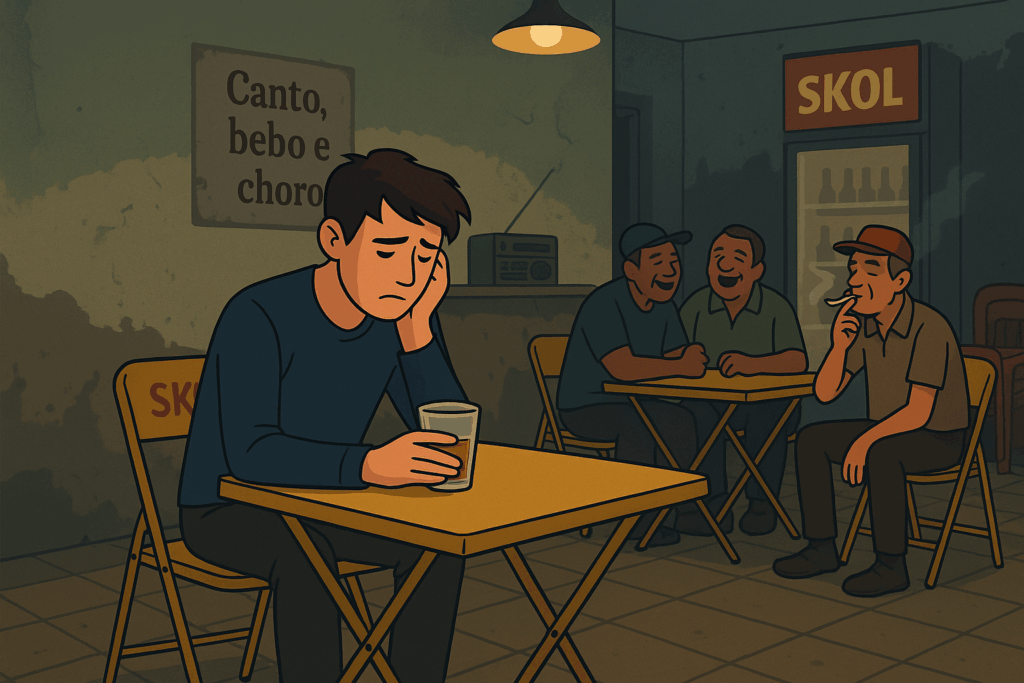 Jovem triste sentado sozinho em um buteco simples, rodeado por homens mais velhos, enquanto encara um copo de bebida e um celular virado para baixo — simbolizando o sofrimento emocional após o término e o vício em stalkear a ex, que atrapalha o processo de reconquista.
