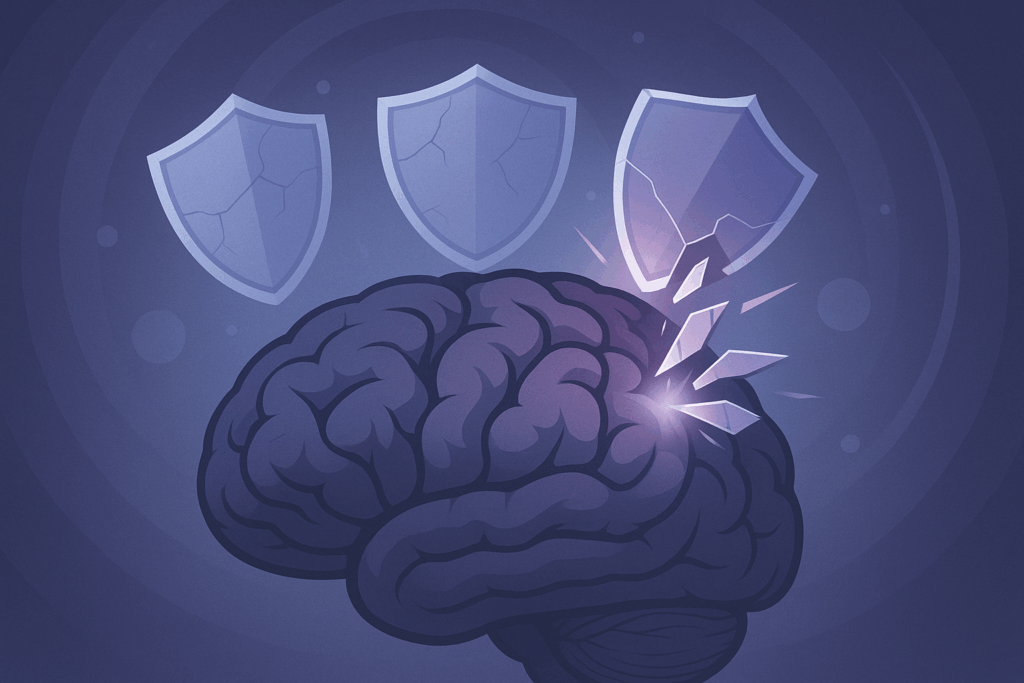 Ilustração vetorial de um cérebro humano sendo perfurado por fragmentos de um escudo quebrado, representando os efeitos nocivos da ruminação. Fundo em tons frios com escudos rachados e formas circulares simbolizando looping mental.