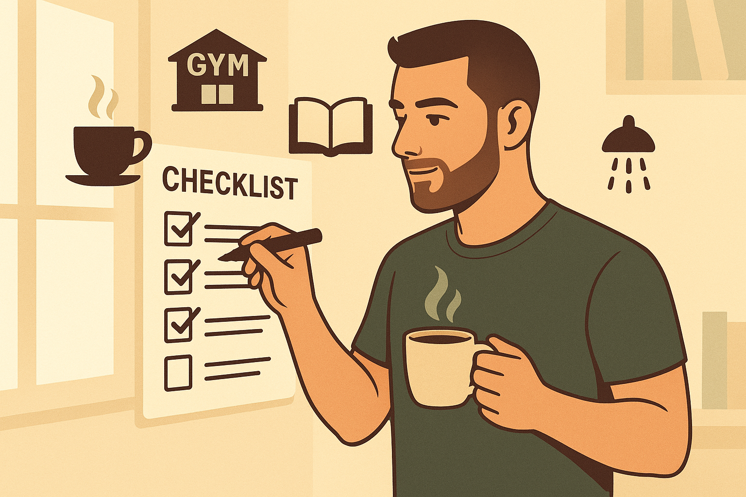 Homem marcando uma meta concluída no quadro de tarefas, com ícones de café, treino, leitura e banho gelado ao redor, representando novas fontes de prazer e foco após o término