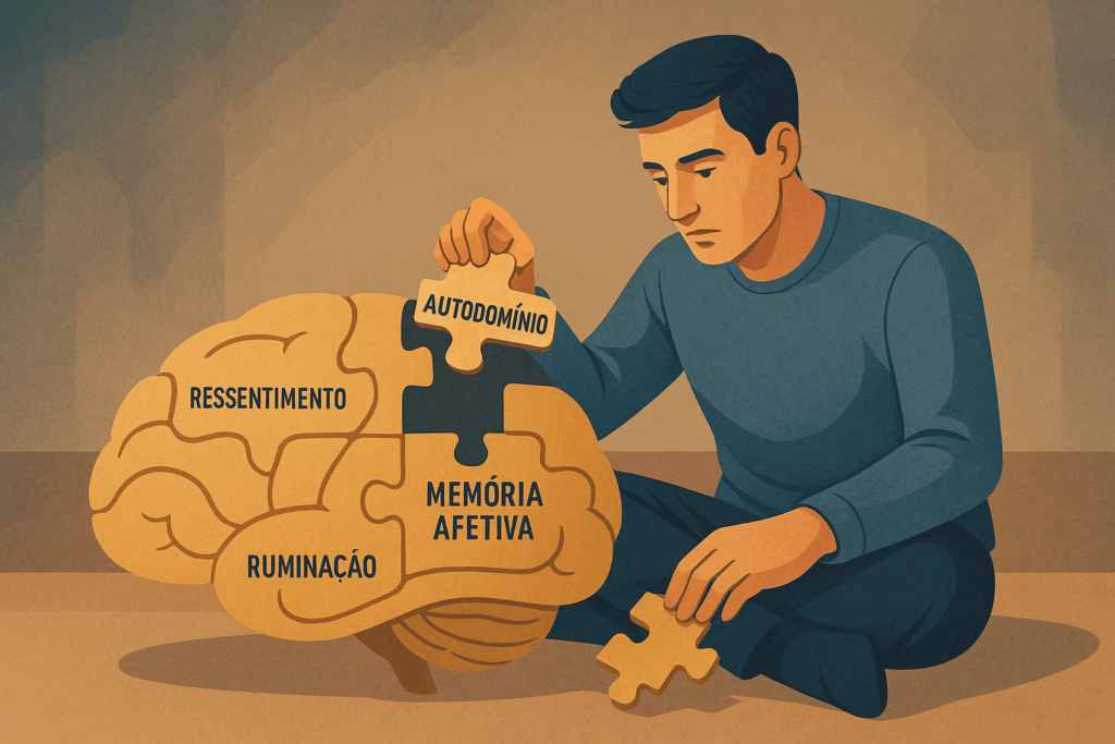 Homem montando um quebra-cabeça em forma de cérebro, escolhendo pensamentos que moldam sua mente