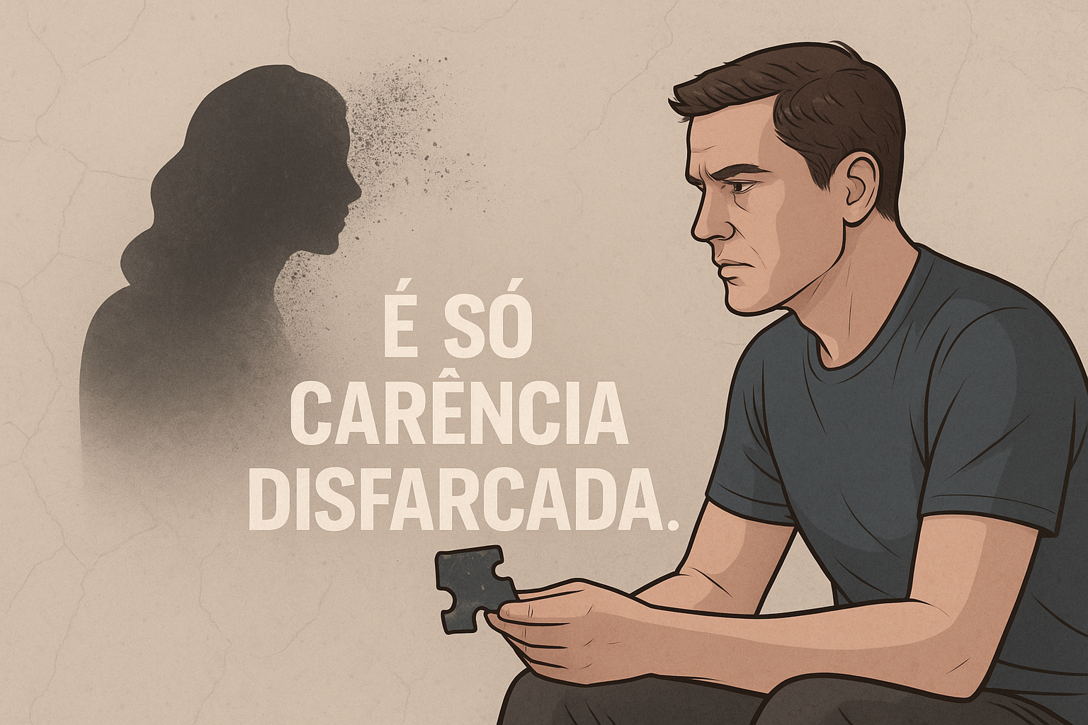 Homem olhando conscientemente para um pensamento negativo rotulado com a frase “É só carência disfarçada”, representando o poder de nomear e reduzir a força do impulso emocional.