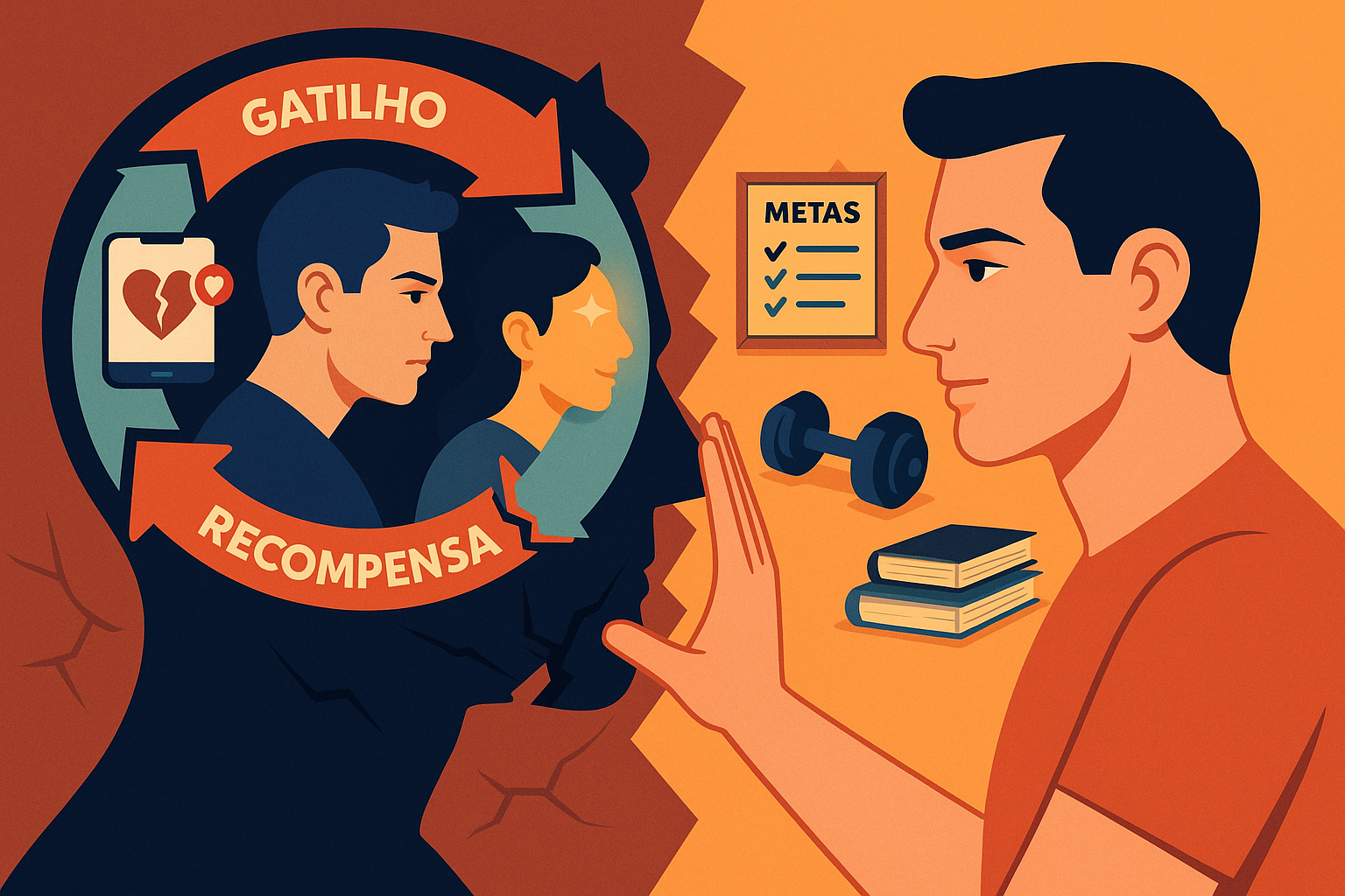 Homem rompendo o ciclo mental de apego à ex e se voltando para metas e ações construtivas