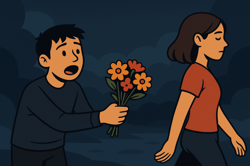 homem não encara a realidade e tenta dar buquê de flores para a mulher que não se interessa mais nele nem em suas tentativas de mimá-la.