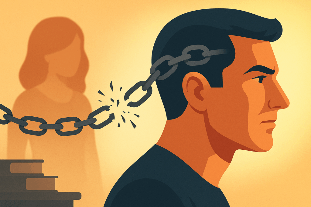 Corrente simbólica se rompendo entre a mente de um homem e a imagem da ex, representando o desligamento emocional e a retomada da autoestima