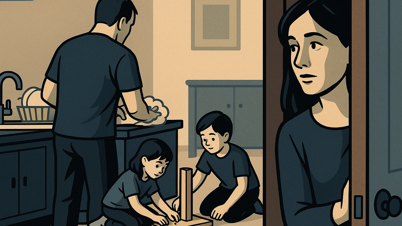 Homem cuidando da casa enquanto é observado à distância pela esposa, simbolizando o retorno do valor masculino percebido no silêncio.