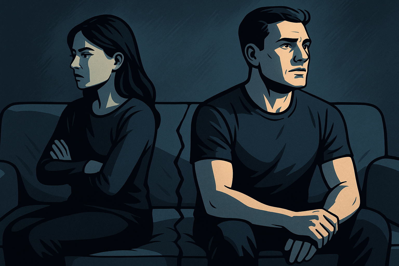 Casal sentado em silêncio no mesmo sofá, separados por uma rachadura simbólica, representando o distanciamento emocional após pedido de divórcio.