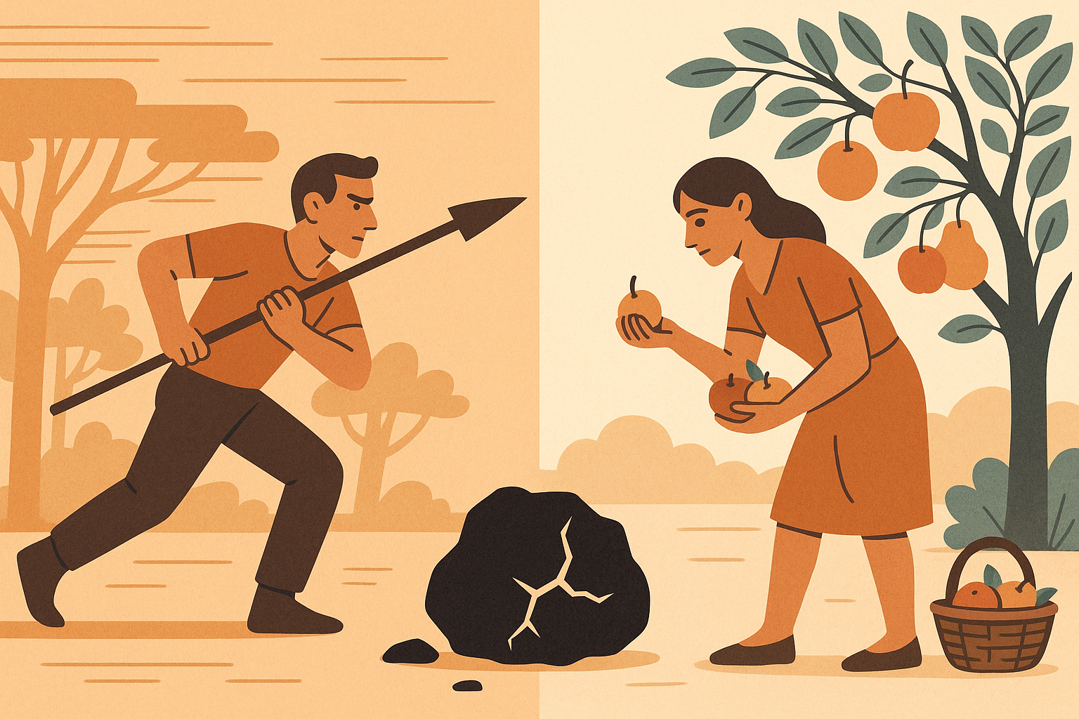 Ilustração mostrando o contraste entre o homem resolvendo problemas com ação rápida e a mulher observando antes de agir, simbolizando cérebros de caçador e coletora.