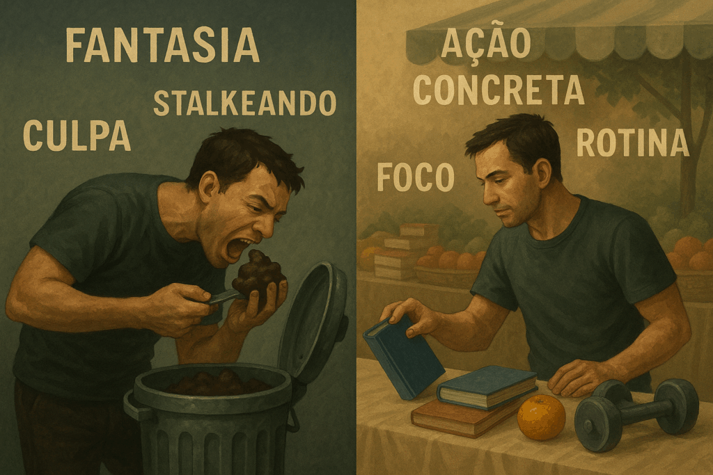 Comparação entre o consumo de pensamentos tóxicos e escolhas mentais saudáveis.