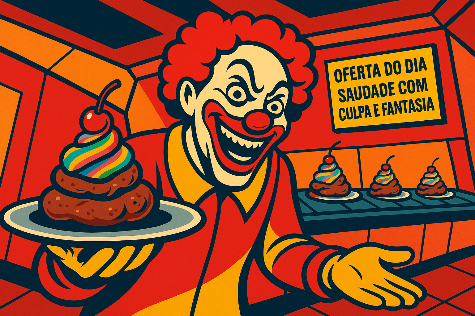 Palhaço oferecendo um prato com aparência grotesca, simbolizando conteúdos emocionais nocivos disfarçados de atrativos pós-término.