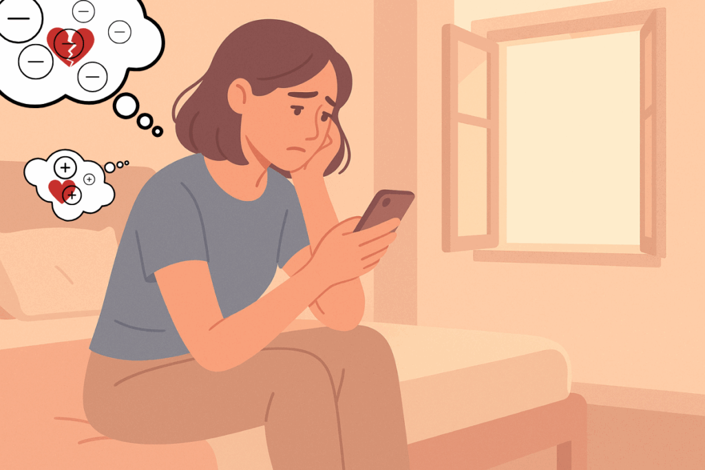 mulher sentada na cama pensando no término e suas consequências, fases do término, reconquistar a ex