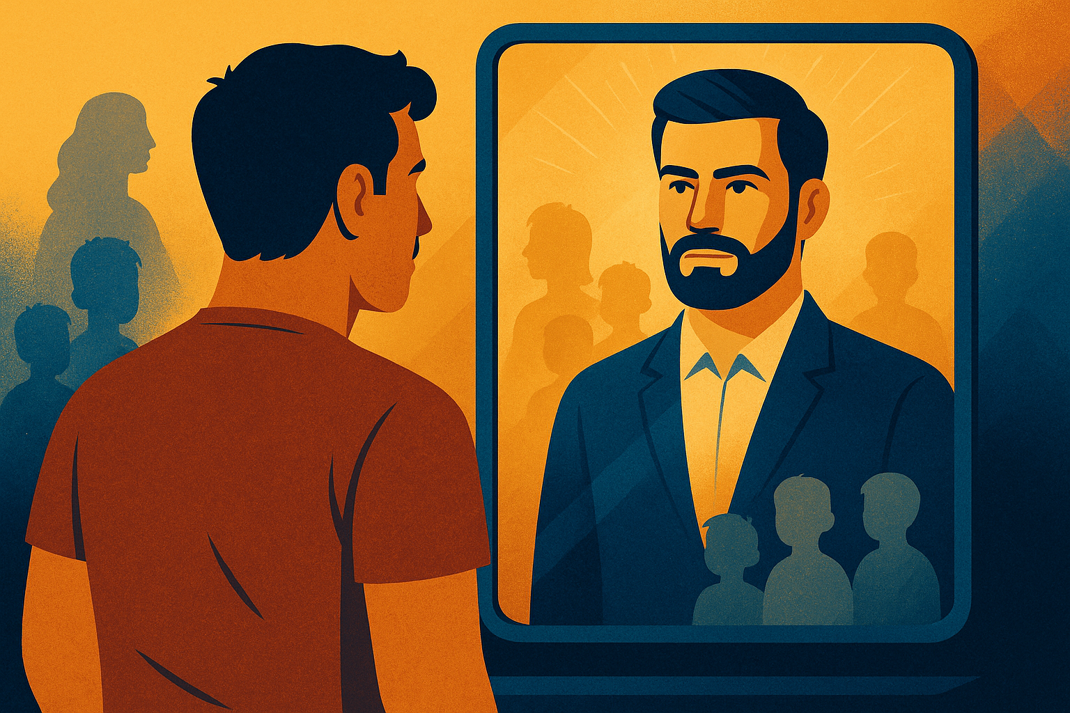 Homem diante do espelho vendo sua versão mais confiante e centrada, simbolizando a recuperação de seu valor após o pedido de divórcio.