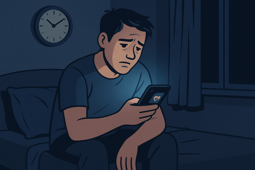 Homem sentado sozinho na cama à noite, olhando para o celular com expressão de angústia e saudade, iluminado pela luz azul da tela. Um relógio na parede marca 23h, sugerindo solidão noturna e o início de um ciclo emocional ligado à ex.