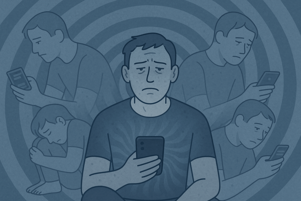 Homem angustiado cercado por versões translúcidas de si mesmo, repetindo comportamentos como stalkear, ler mensagens antigas e deitar em posição fetal. Ao fundo, um espiral representa o ciclo mental repetitivo do sofrimento pós-término.