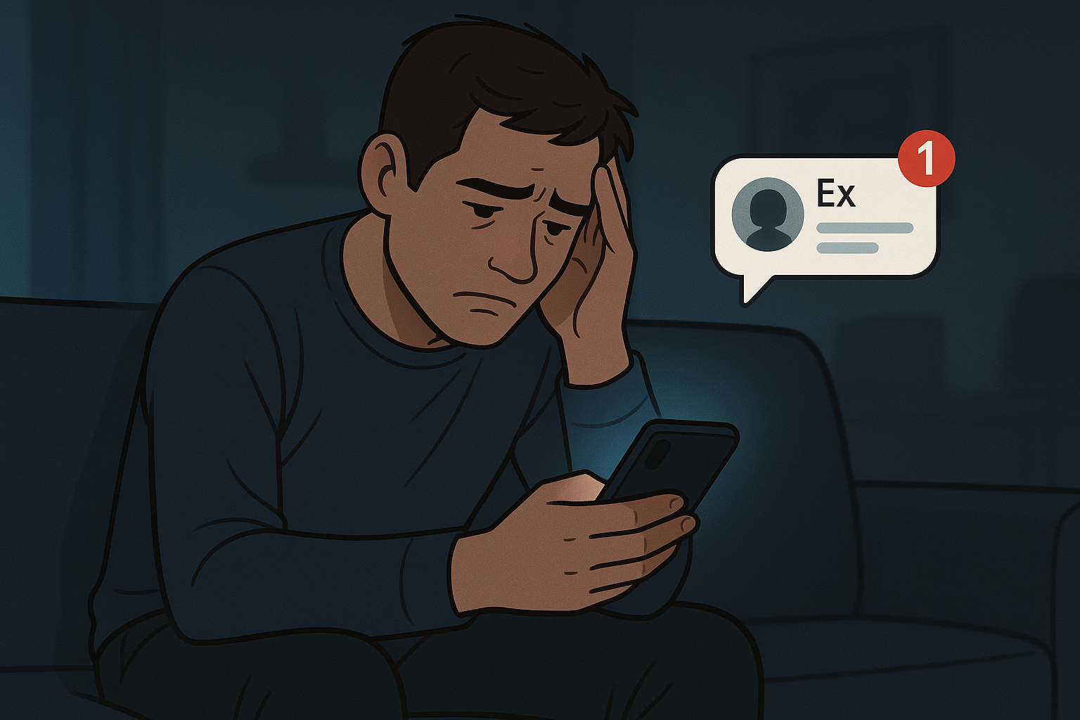 Homem sentado sozinho no sofá à noite, olhando para o celular com expressão de frustração, enquanto uma notificação antiga da ex aparece na tela. A cena transmite solidão e arrependimento.