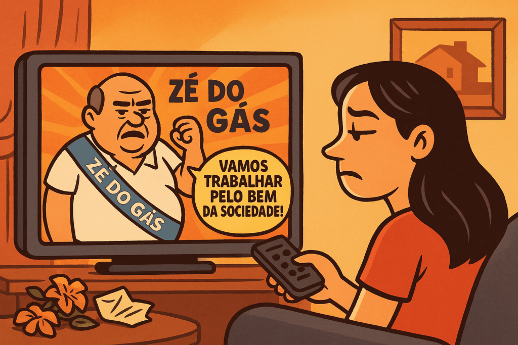 Mulher entediada assiste na TV a um horário eleitoral com “Zé do Gás”, um homem careca, barrigudo e de camisa branca, prometendo “trabalhar pelo bem da sociedade”. Cena satírica sobre promessas vazias na reconquista amorosa.